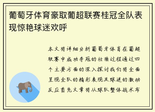 葡萄牙体育豪取葡超联赛桂冠全队表现惊艳球迷欢呼